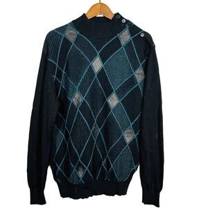 Vintage 80s Torras Leather Accent Argyle Sweater Mock Neck Grandpa Art Knit - 42